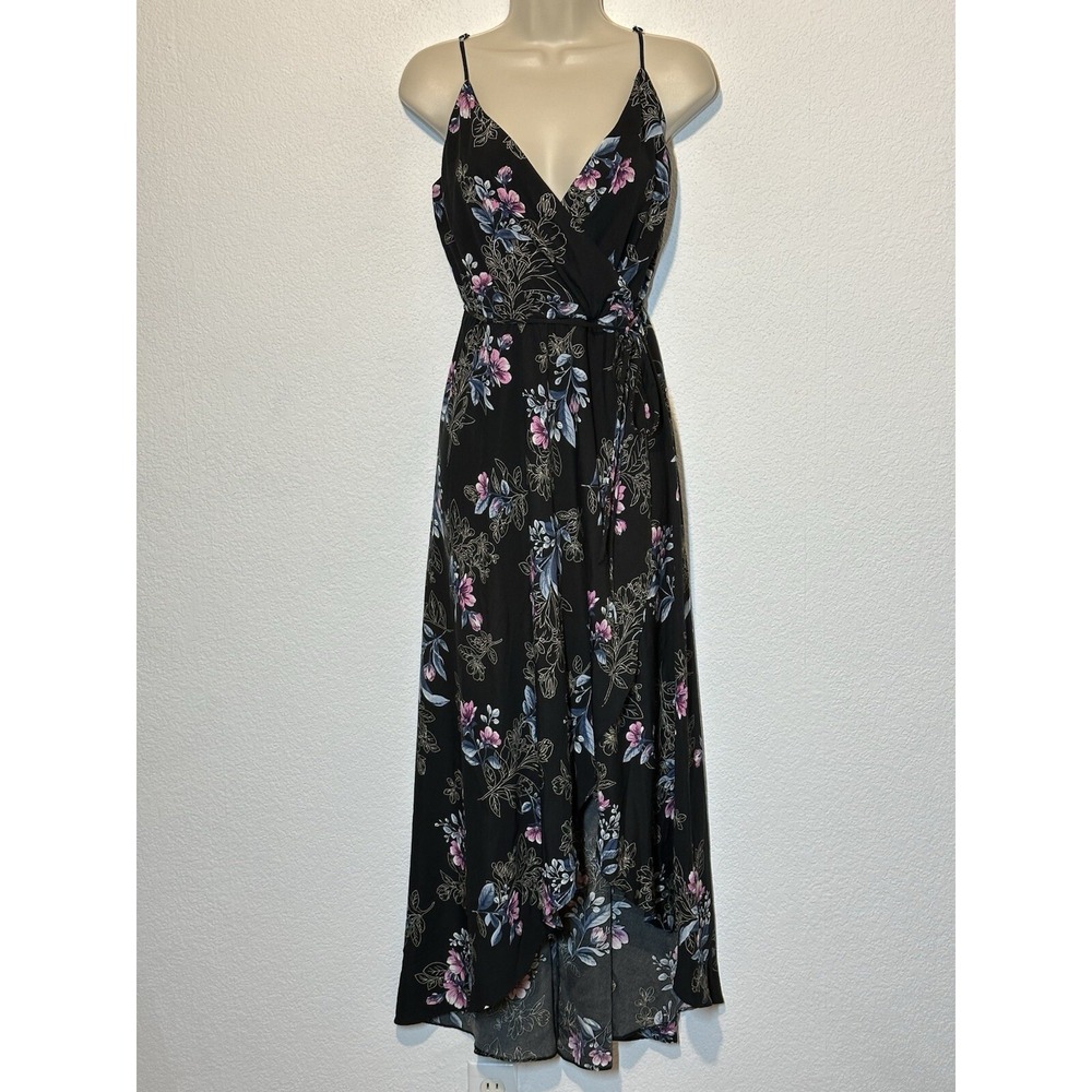 Y2K Vtg Soprano Black Floral Faux Wrap Dress Aysmmetric Sz M Fairy Whimsigoth